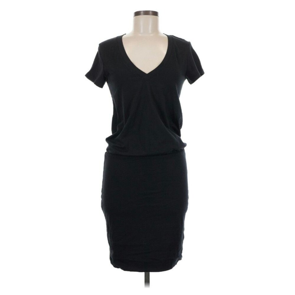 James Perse Estilo Dress Cotton Jersey Short Sleeve V-Neck Drop Waist Black XS/S